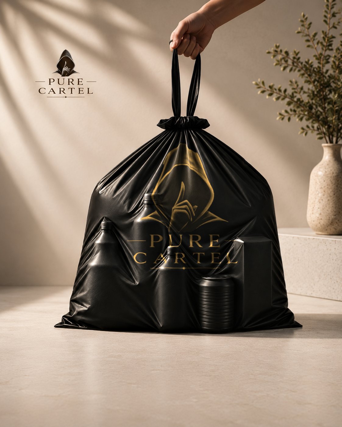 A hand carrying a full, tied matte black Pure Cartel trash bag printed with the gold Pure Cartel logo