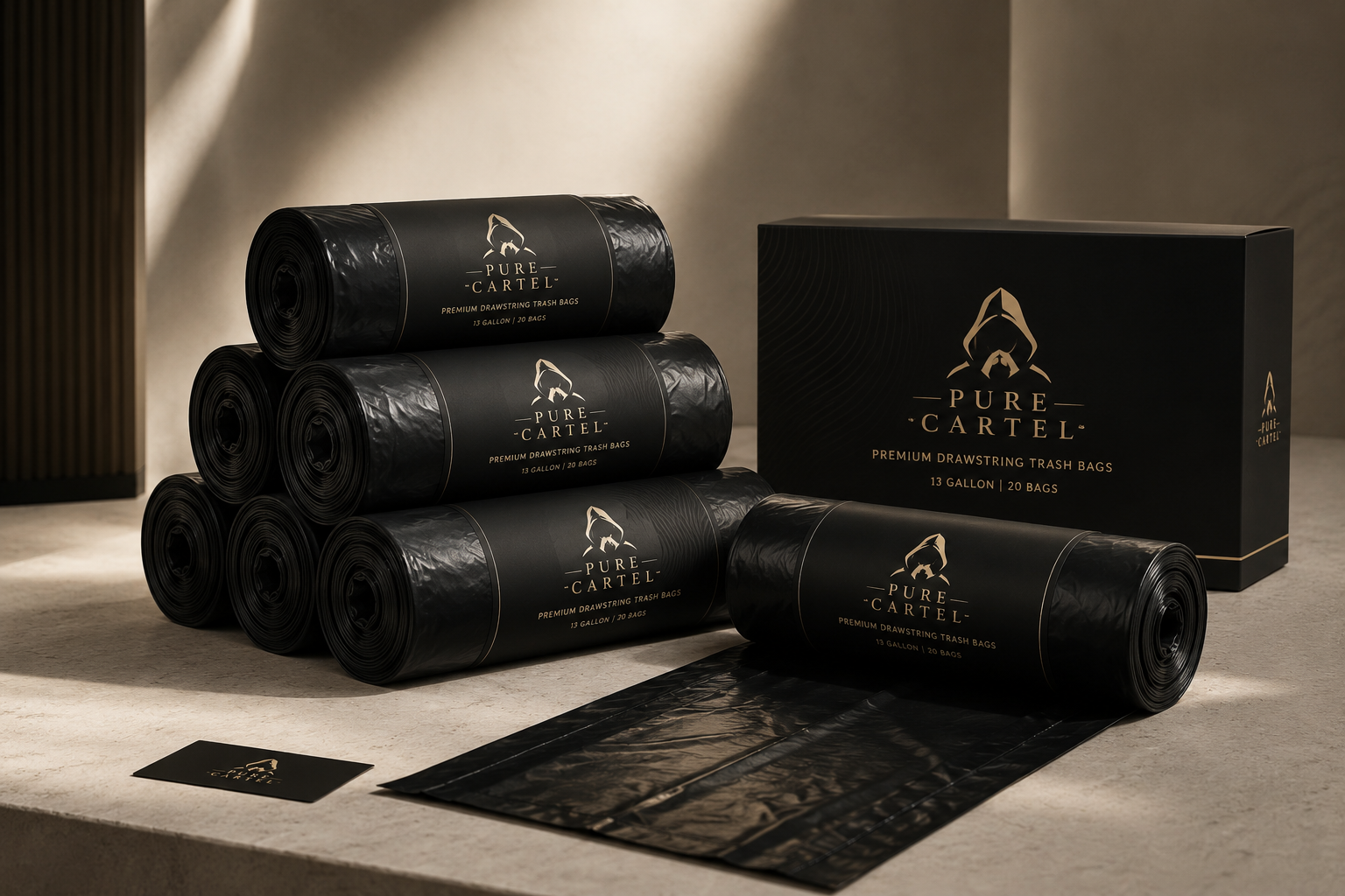 Pure Cartel premium drawstring trash bags — rolls and gift box