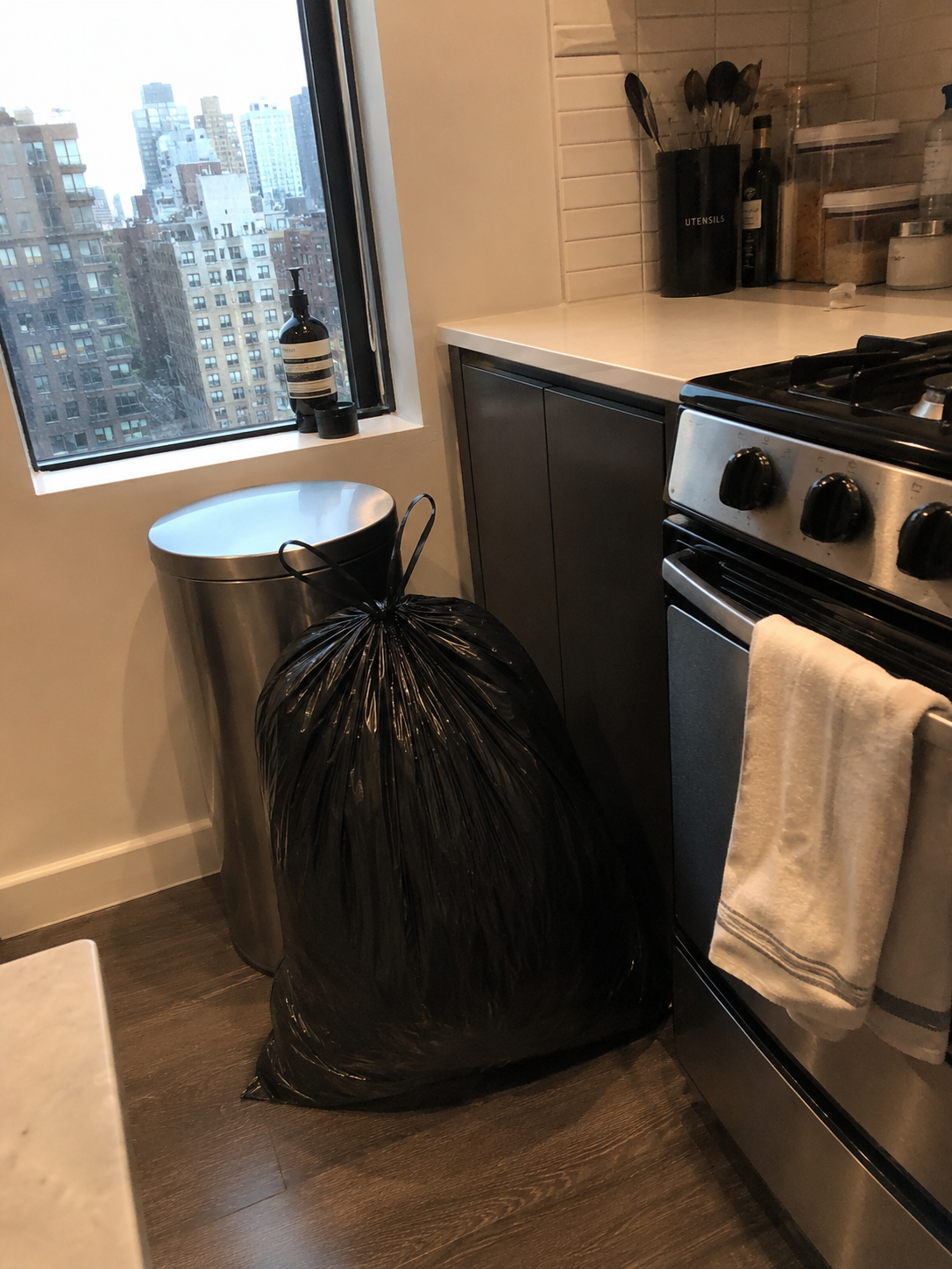 A liner beside a steel bin with the New York skyline in view