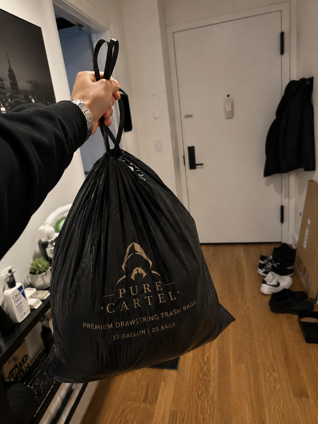 Carrying a full liner through a New York apartment entryway